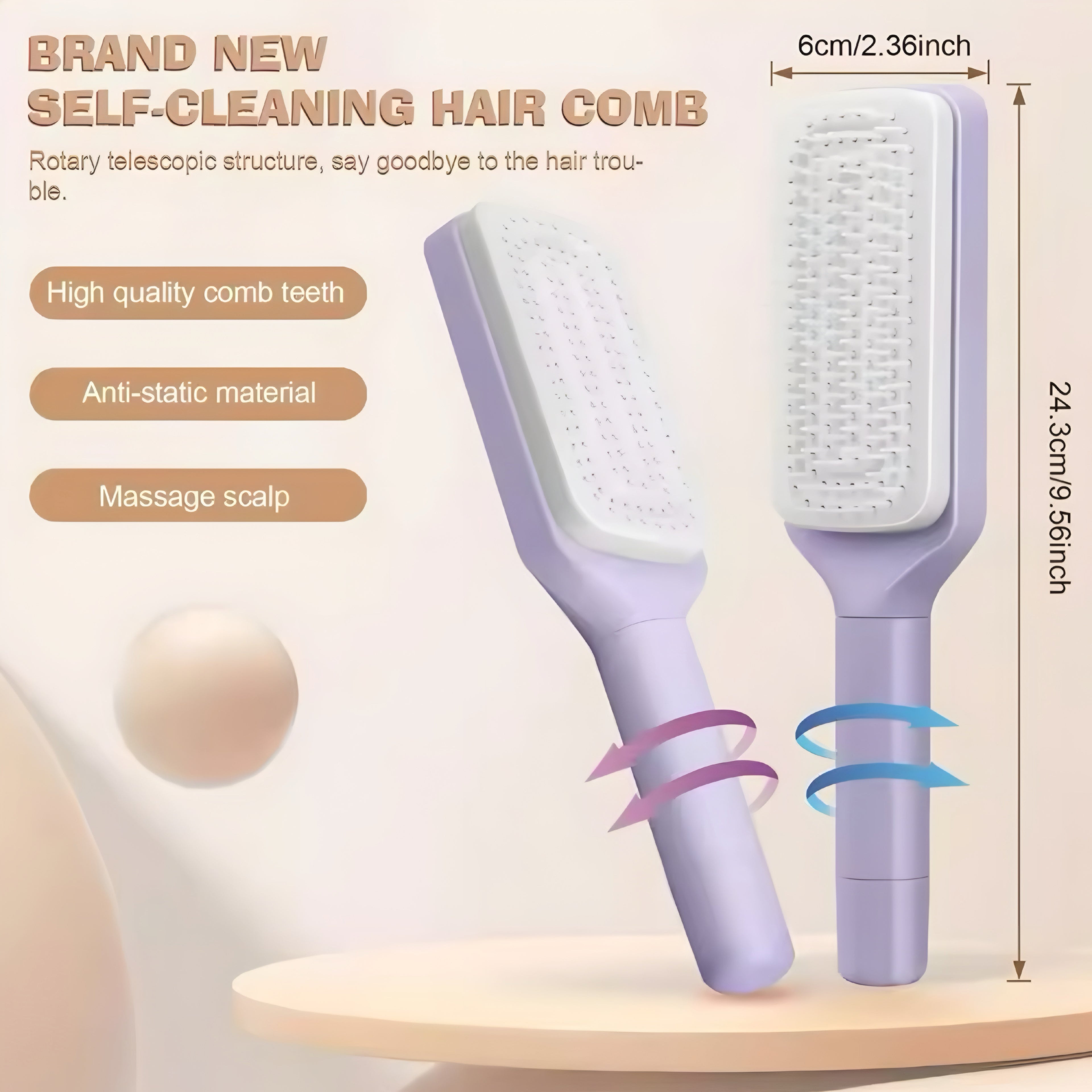 Selbstreinigende Rotierende Haarbürste mit Lift-Kamm